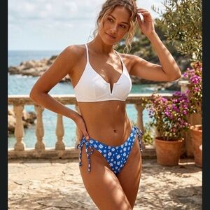 Shade & Shore White Top with Blue Floral Bikini bottoms Medium